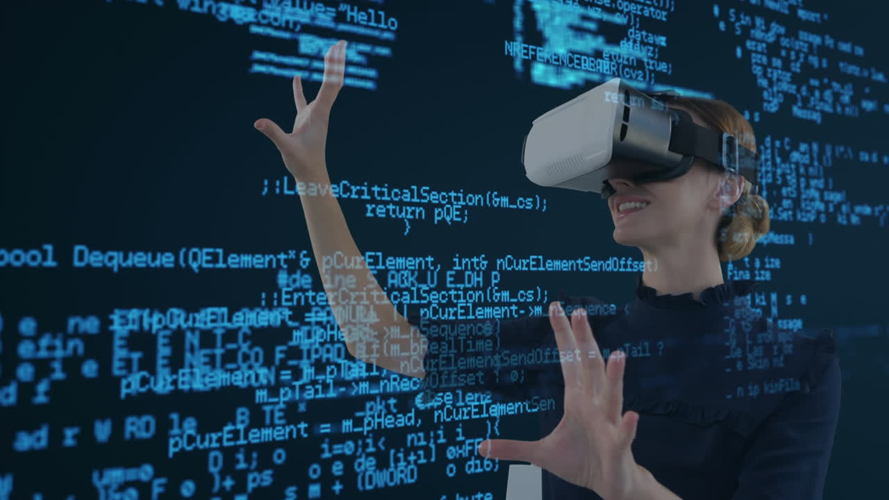 가상 현실 헤드을 사용하여 디지털 애니메이션과 상호 작용하는 여성