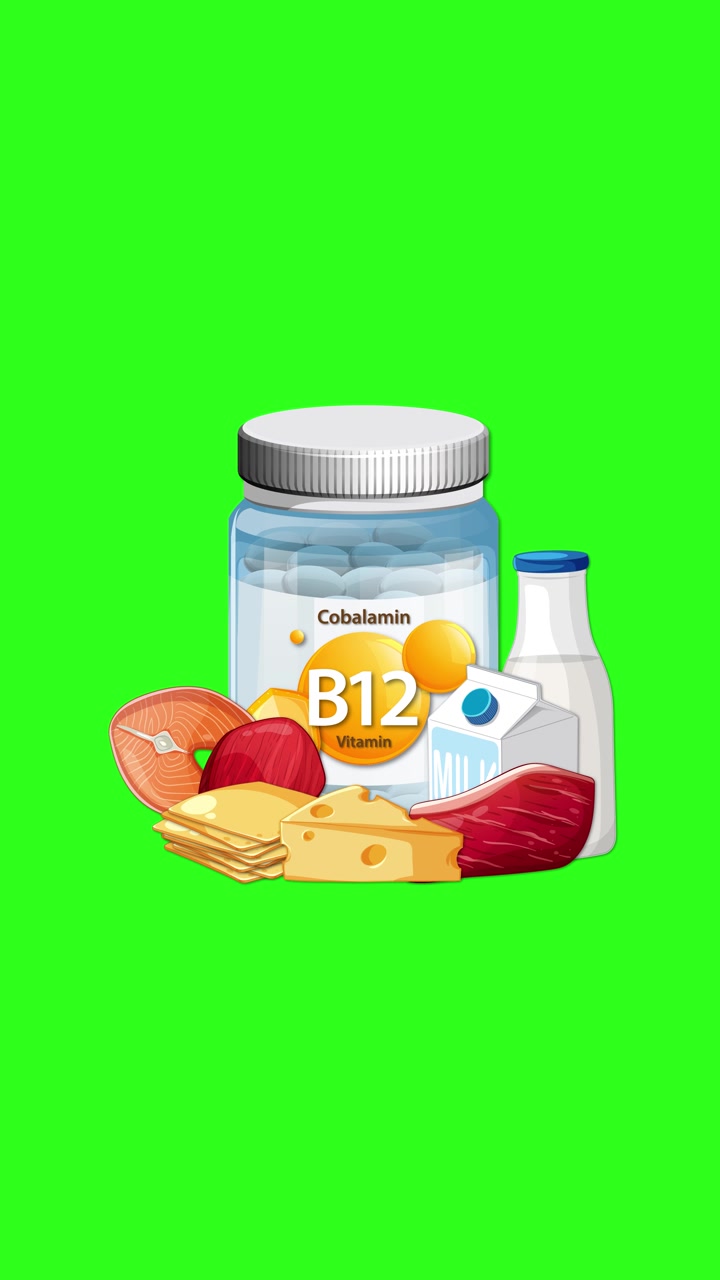 Botol suplemen Vitamin B12 dengan daging, keju, susu, dan telur muncul di latar belakang hijau cerah