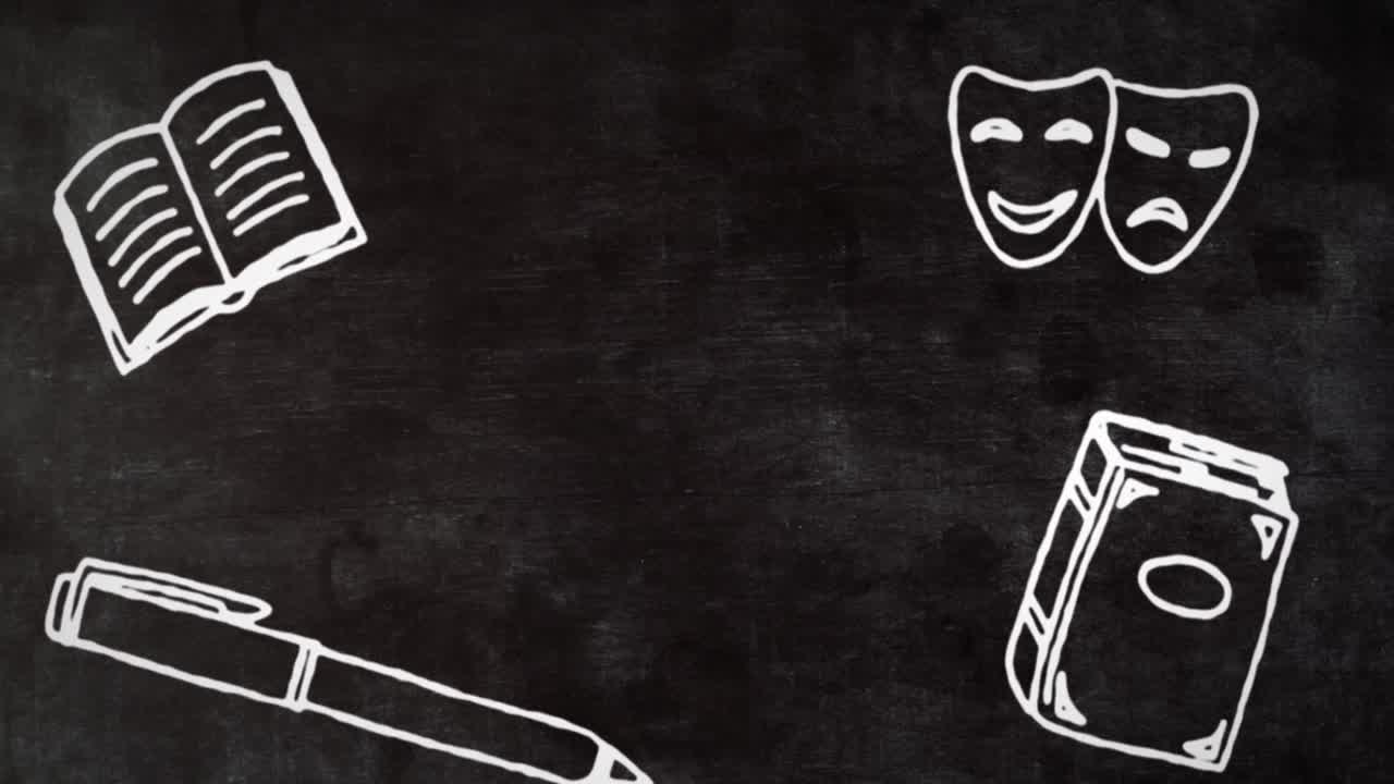 animación de iconos escolares sobre un fondo gris.