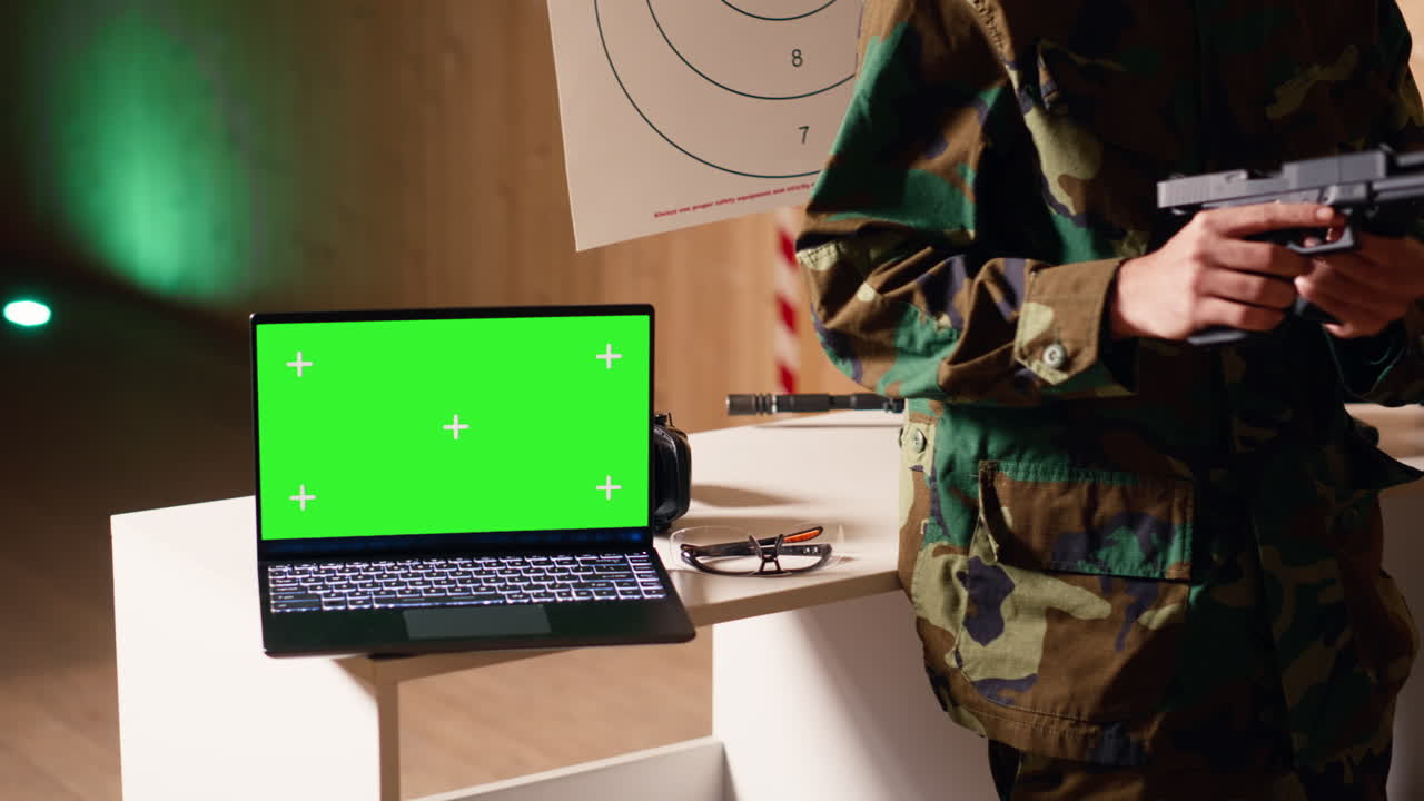 laptop de maqueta al lado de soldados del ejército practicando con armas de fuego en el campo de tiro