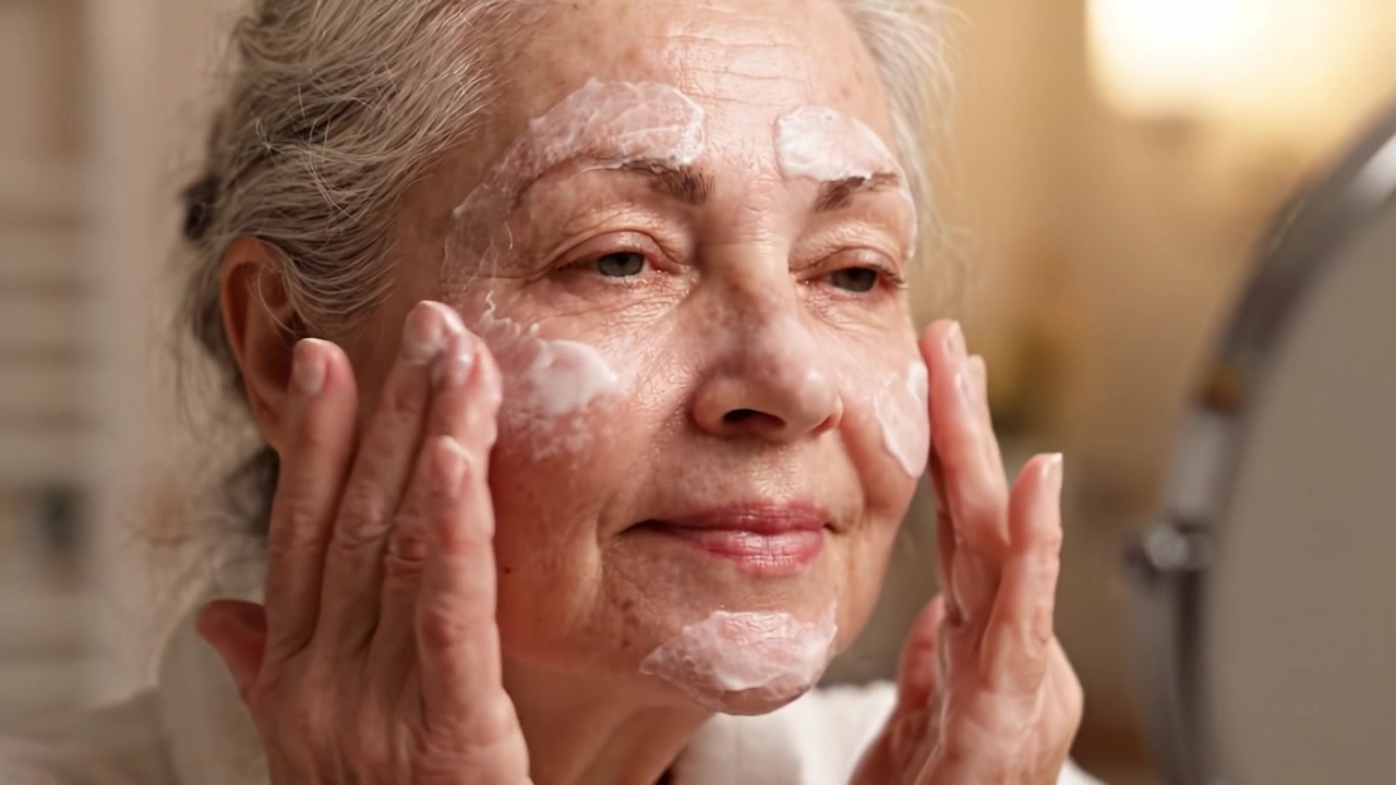Eine fesselnde Selbstpflegeroutine: Eine ältere Frau genießt eine luxuriöse Gesichtsbehandlung, während sie in einer gemütlichen Umgebung Creme auf ihre strahlende Haut aufträgt