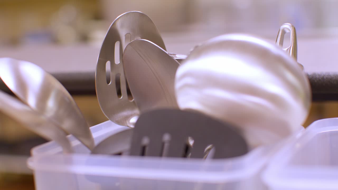 Close up of kitchen utensils with stable video shot.