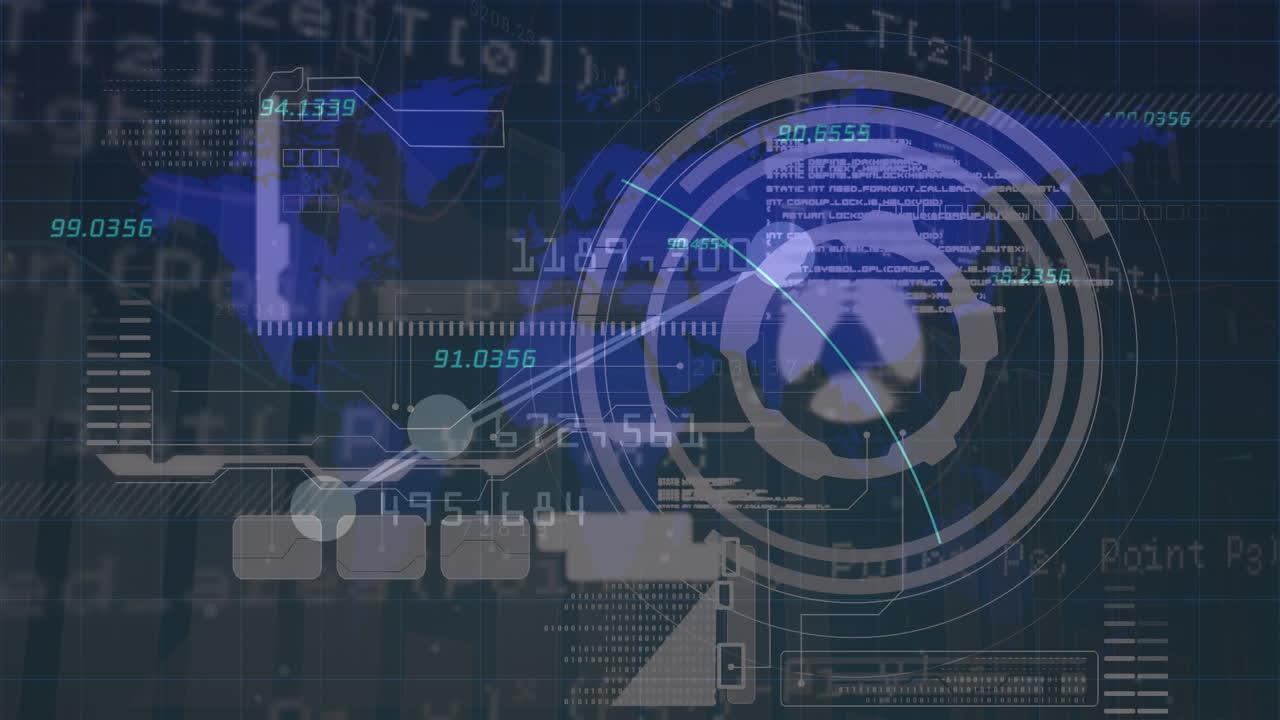 animación del procesamiento de datos y el mapa del mundo sobre el escáner de alcance sobre fondo negro