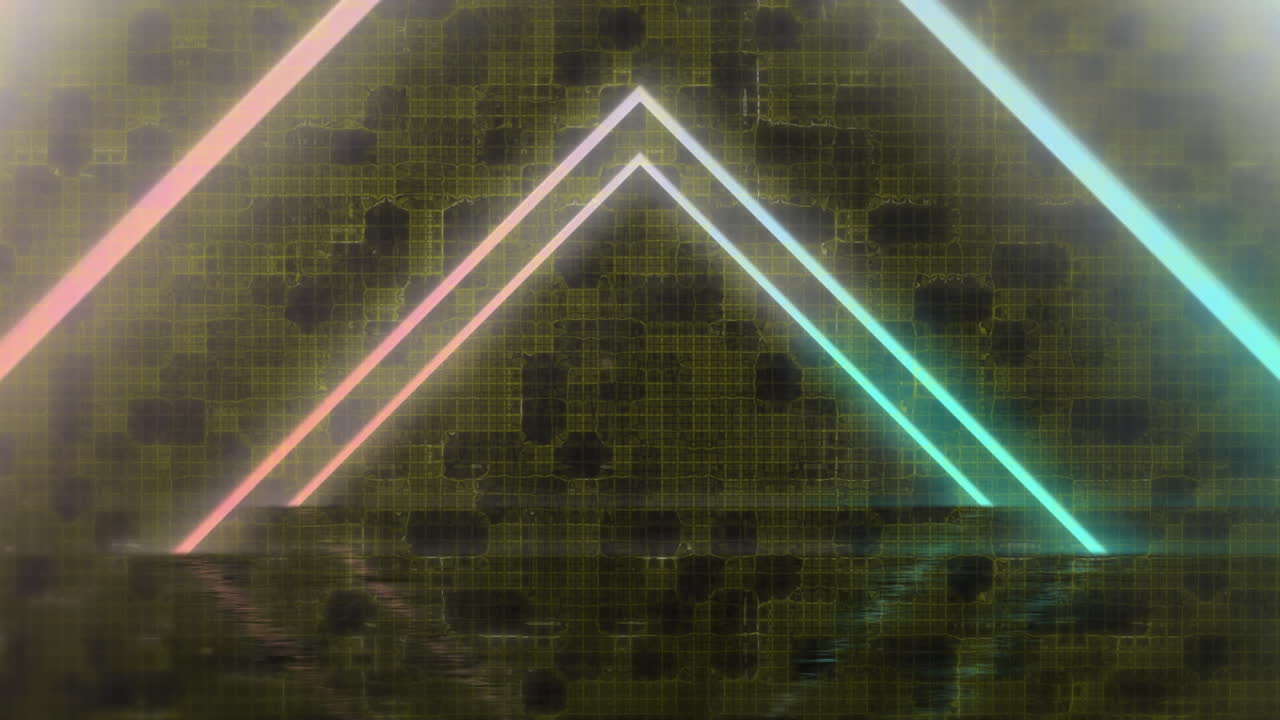 Animation of pink and blue neon triangles advancing over textured camouflage grid
