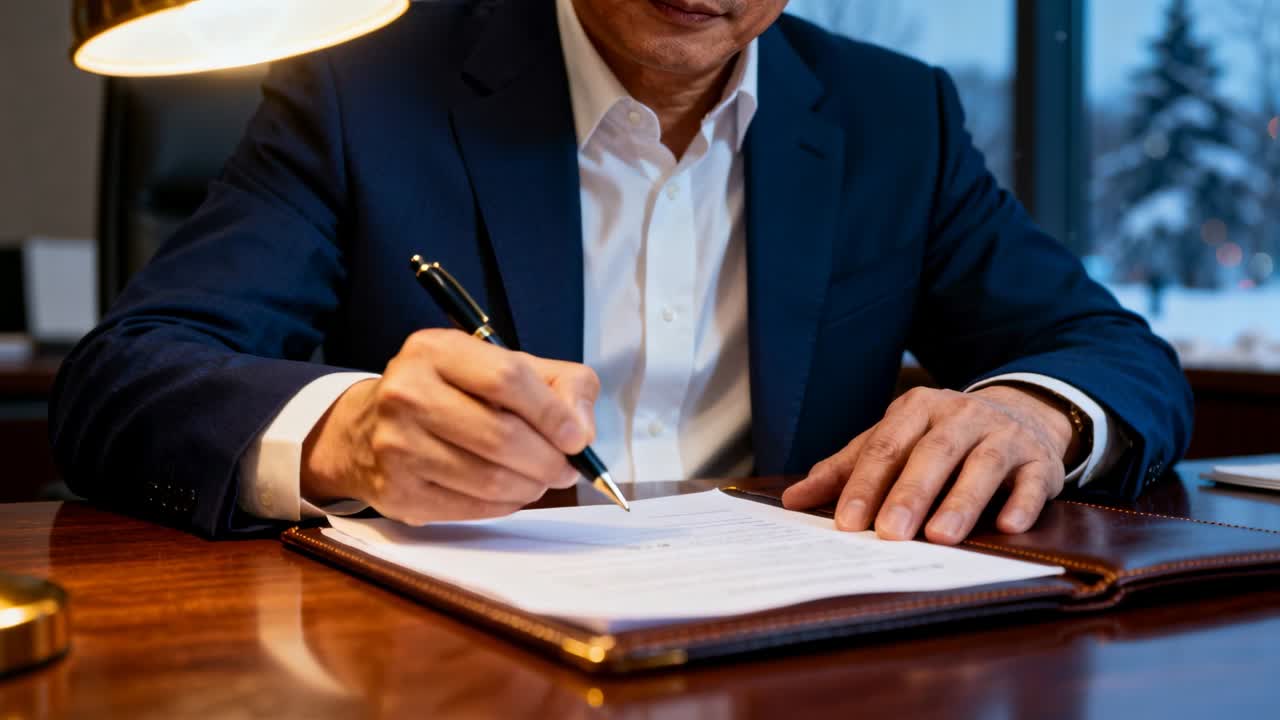 Uomo d'affari che appoggia la penna sulla pagina e firma un contratto per un accordo sotto una lampada da scrivania, con una finestra innevata