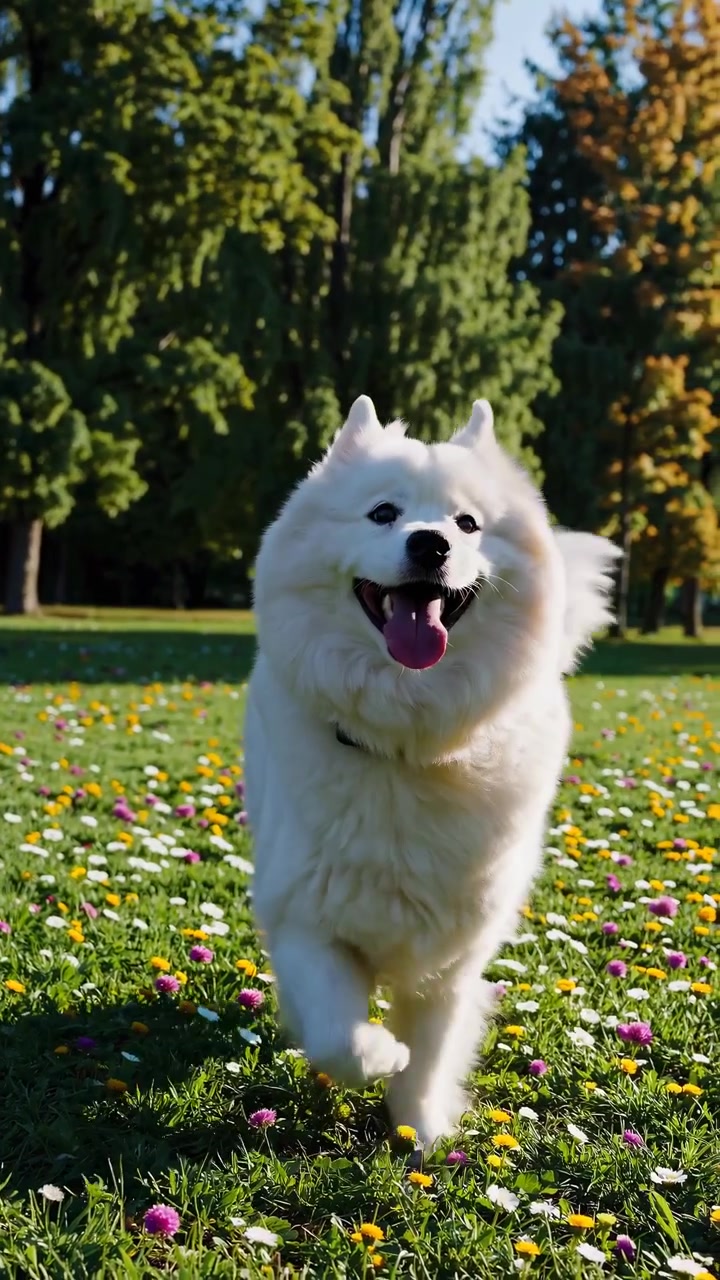 Güneşli bir çiçekli çayırda koşan mutlu Samoyed köpeği
