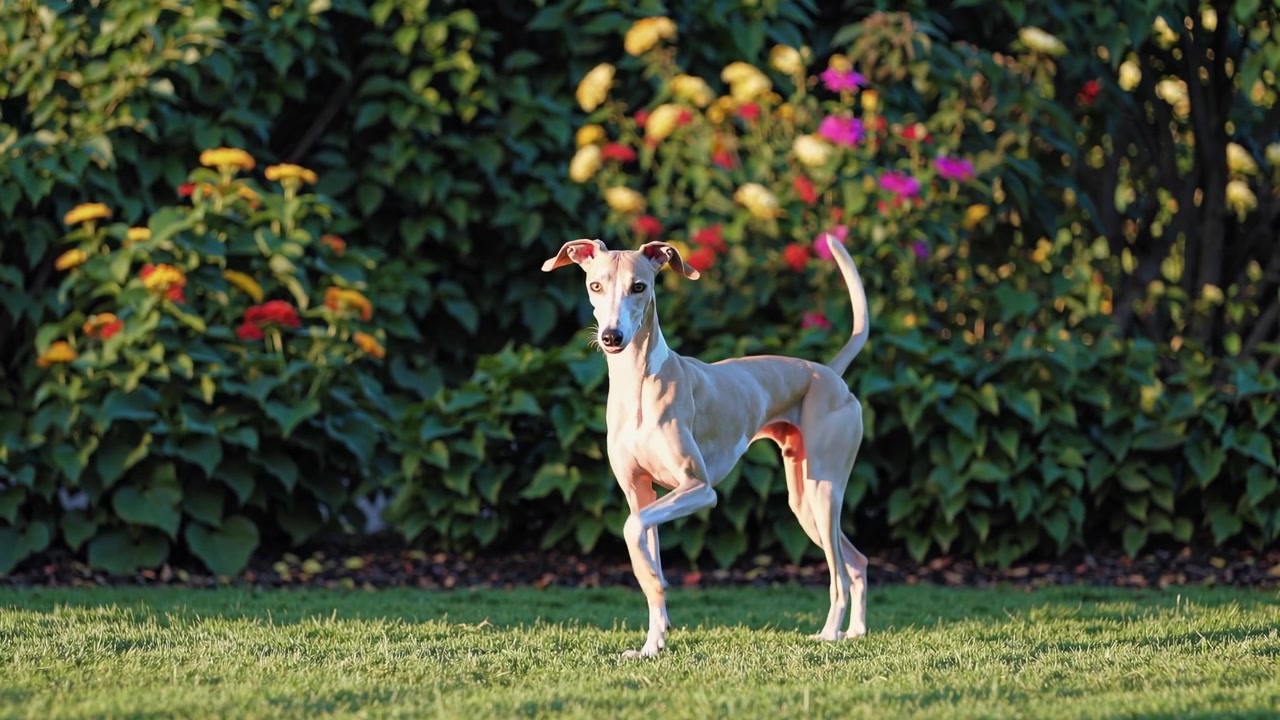 Elegant Whippet Dog Stands on Green Grass in a Colorful Garden
