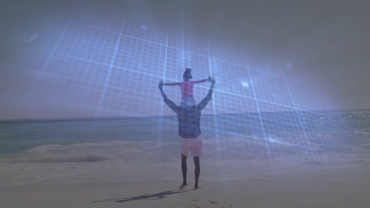 Homem carregando criança começando a andar da praia para o mar, compartilhando o momento, grade tecnológica azul de ECG flutuando