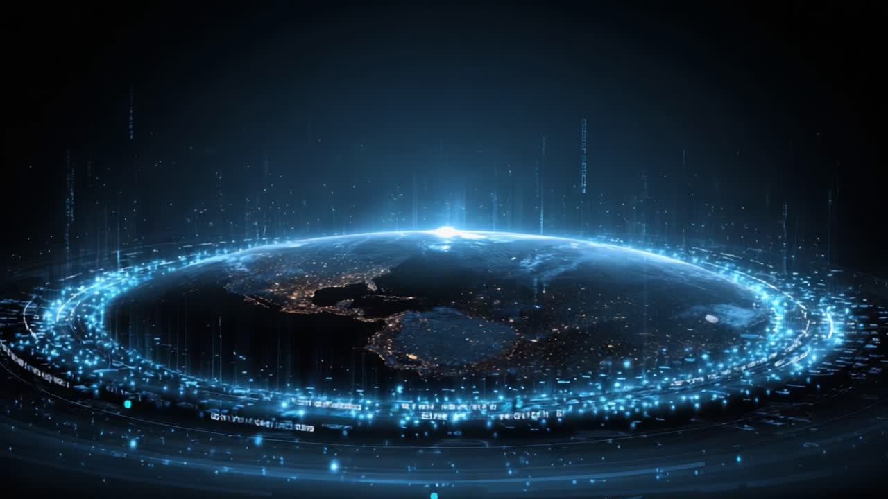 A Stunning Visualization of Earth from Space: A High-Tech Digital Globe Surrounded by Bright, Glowing Data Points and a Glimpse of Nighttime City Lights