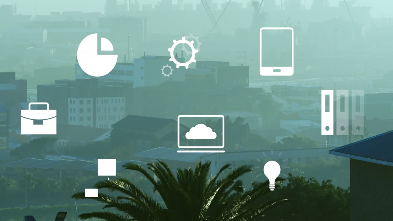 도시 풍경의 공중 전망에 반하여 떠다니는 디지털 아이콘의 애니메이션