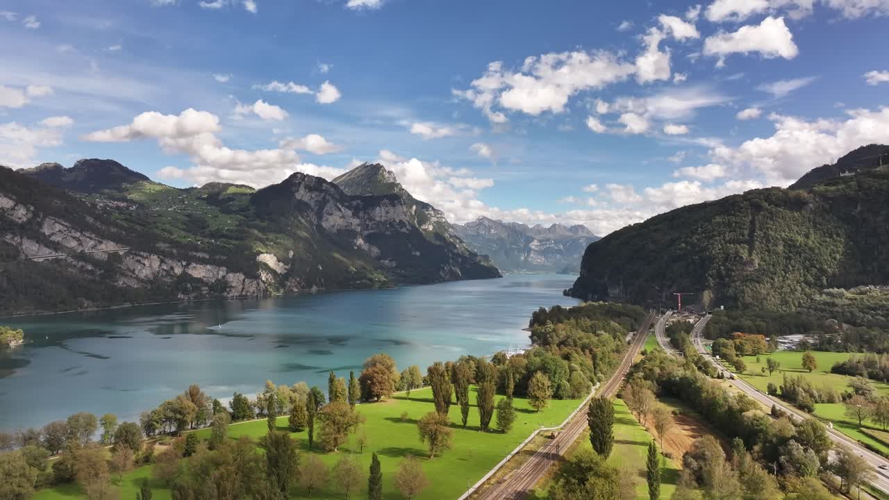 Aerial drone view of the Lake view of Walensee, Wessen, Amden, Quinten, Mols, Walenstadt, Schweiz