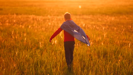 a child in the costume of a superhero in a red cloak runs across the green lawn against the backdrop of a sunset toward the camera.