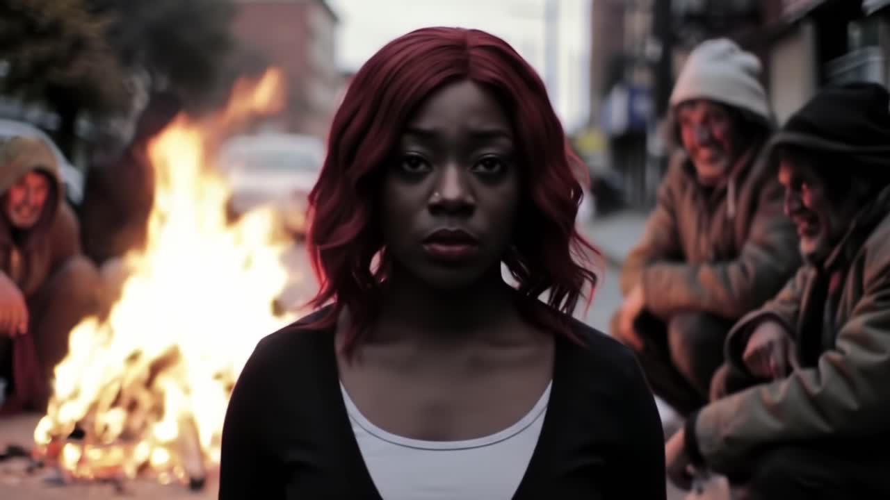 A Moment of Reflection: The Struggles of Society Captured in the Faces of Individuals Surrounded by Flames, Highlighting Poverty and Resilience in Urban Life