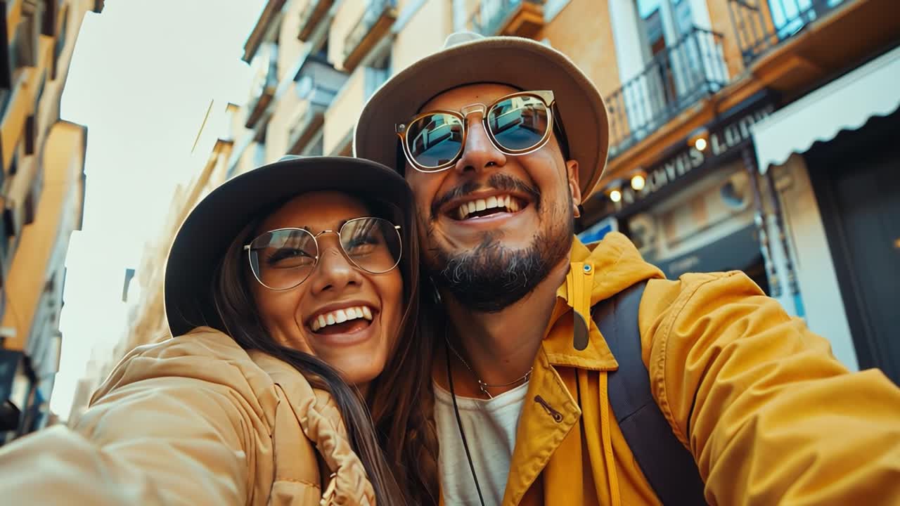 Happy Couple Taking a Selfie During Urban Travel