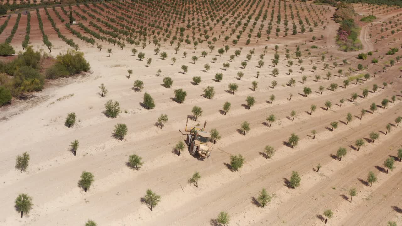vista aérea de un tractor trabajando en un olivar