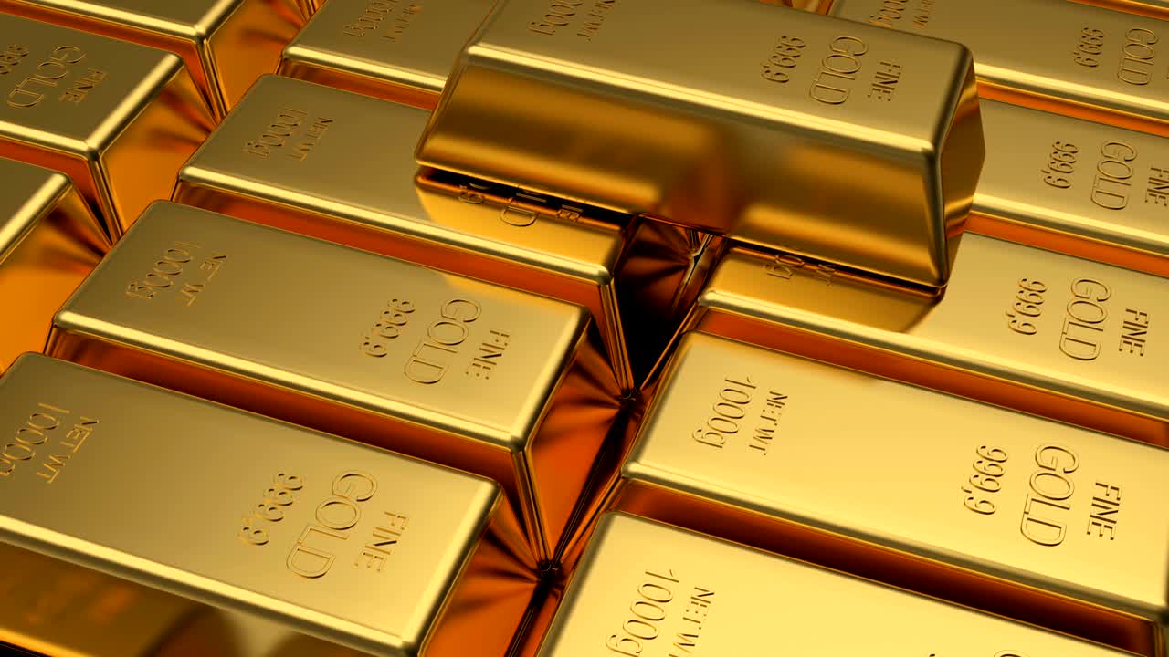 배경으로 금과 은의 바를 회전하는 3d 애니메이션.