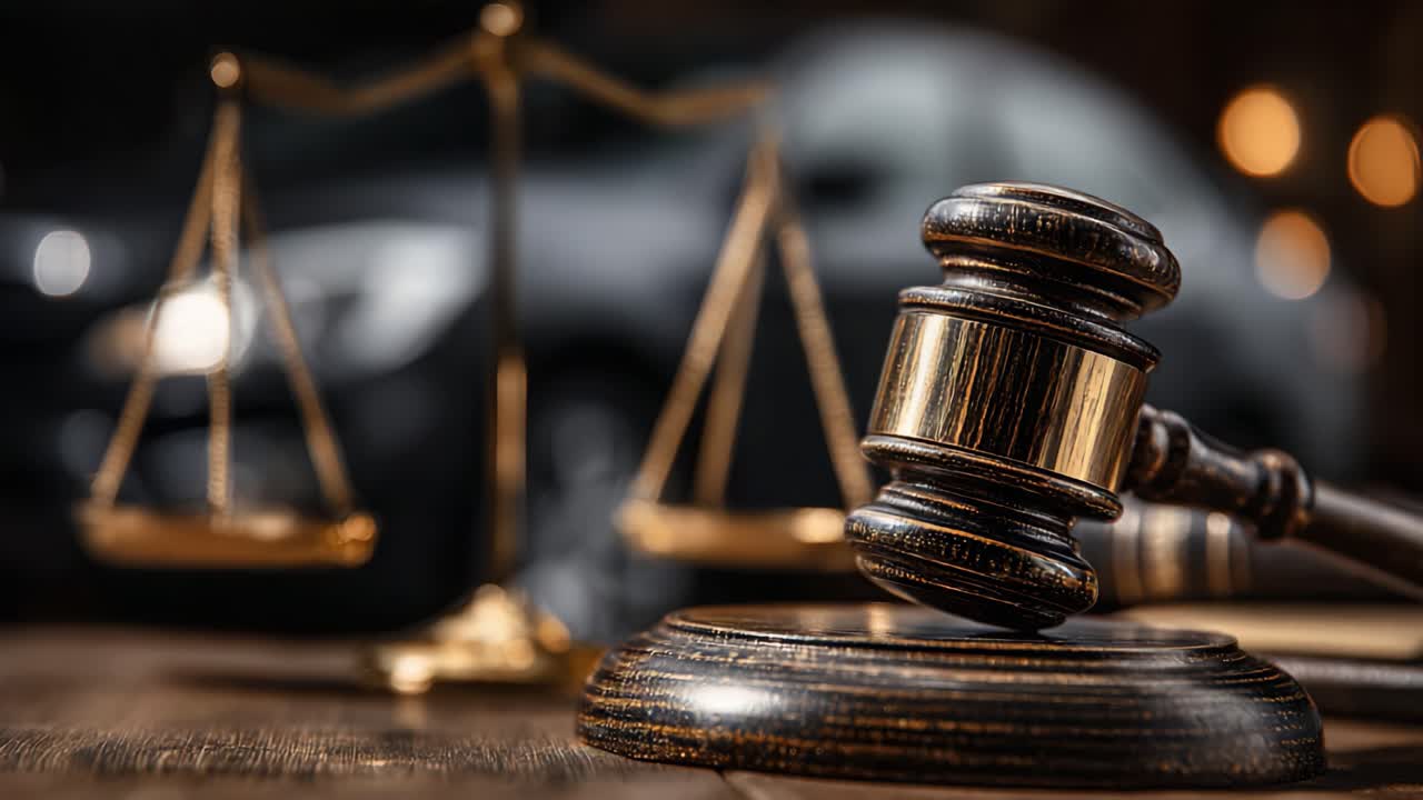 Una vista ravvicinata di un martello da giudice con la bilancia della giustizia, su uno sfondo sfocato di un veicolo, a simboleggiare l'incrocio tra legge e questioni automobilistiche.