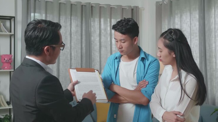 Asian Couple Listens To A Real Estate Agent Explaining About The House Purchase Contract In The House For Sale