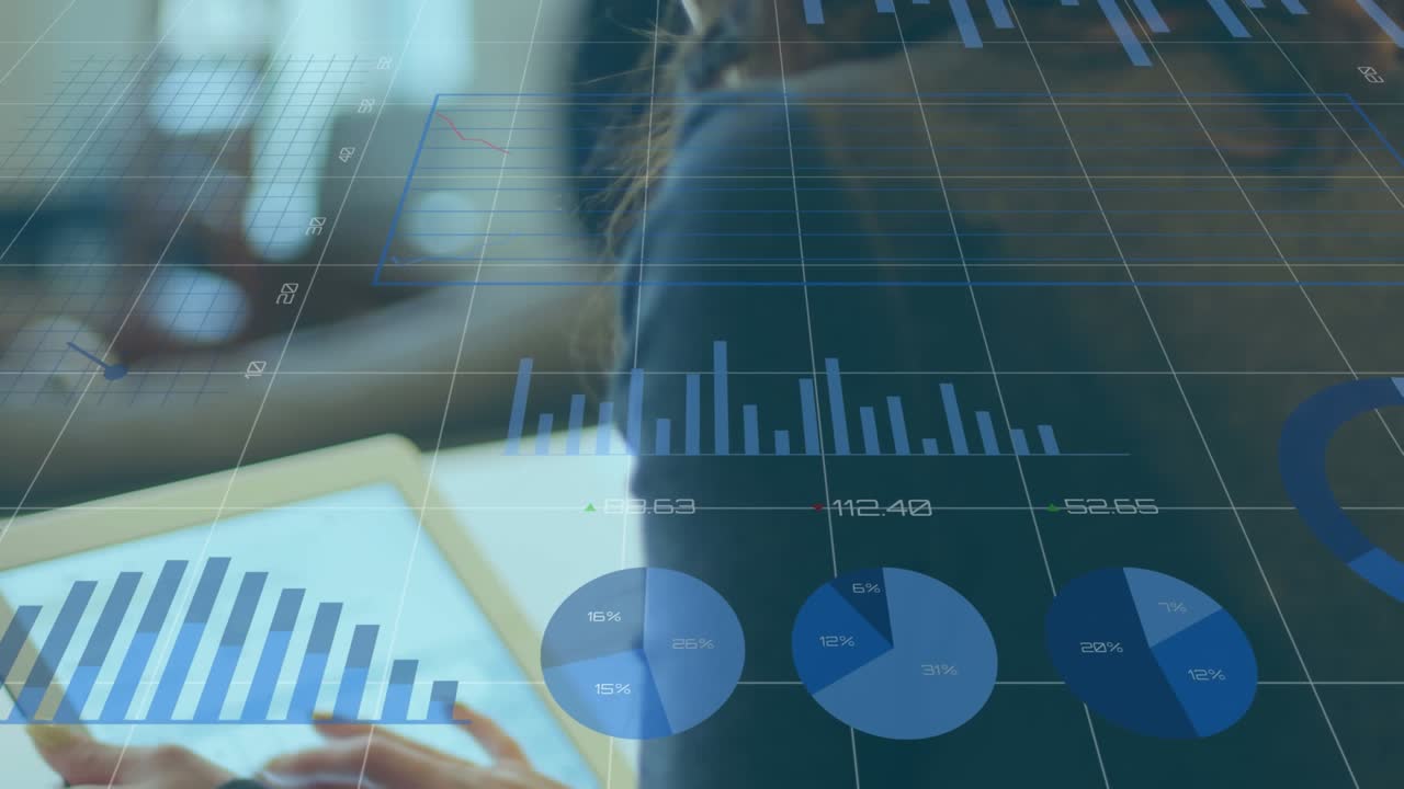 Animation of graphs, changing numbers, caucasian businesswoman typing on digital tablet in office