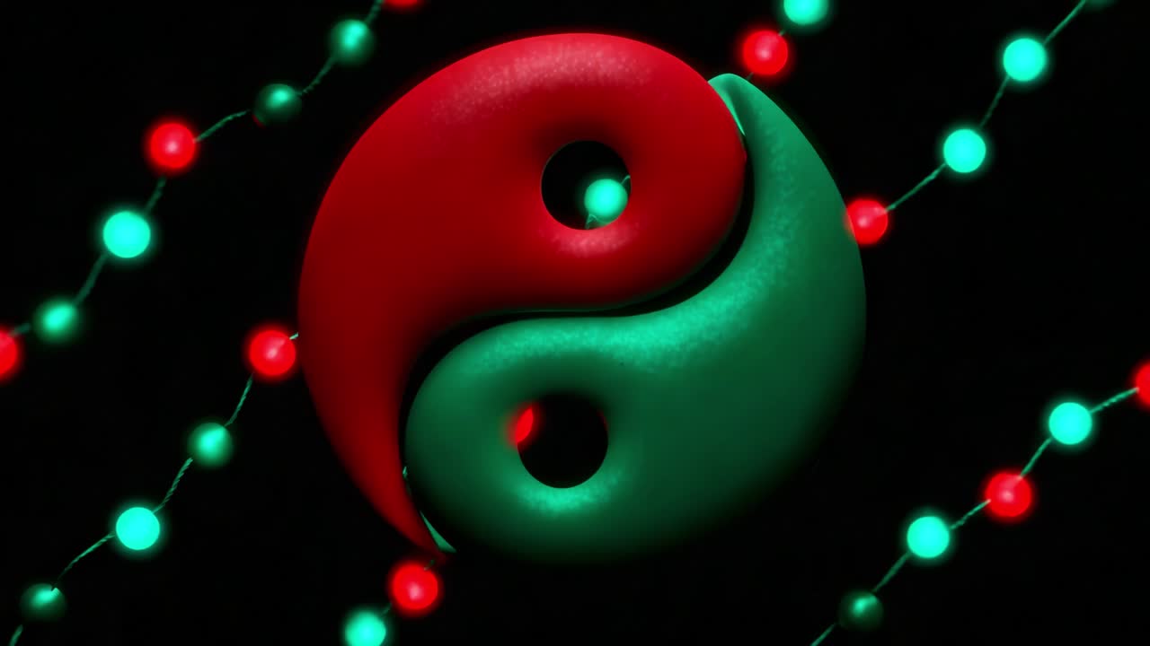 A captivating visual juxtaposition of red and green Yin-Yang symbols illuminated by vibrant holiday lights, emphasizing the themes of balance, unity, and harmony, set against a dark backdrop highlighting its surreal design