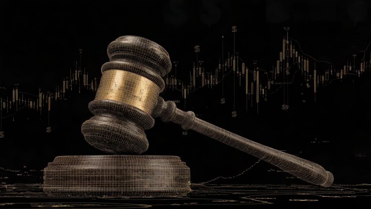 A Digital Representation of Justice: A Gavel Against a Background of Financial Graphs and Data Symbols Illustrating Legal and Economic Themes in a Modern Context