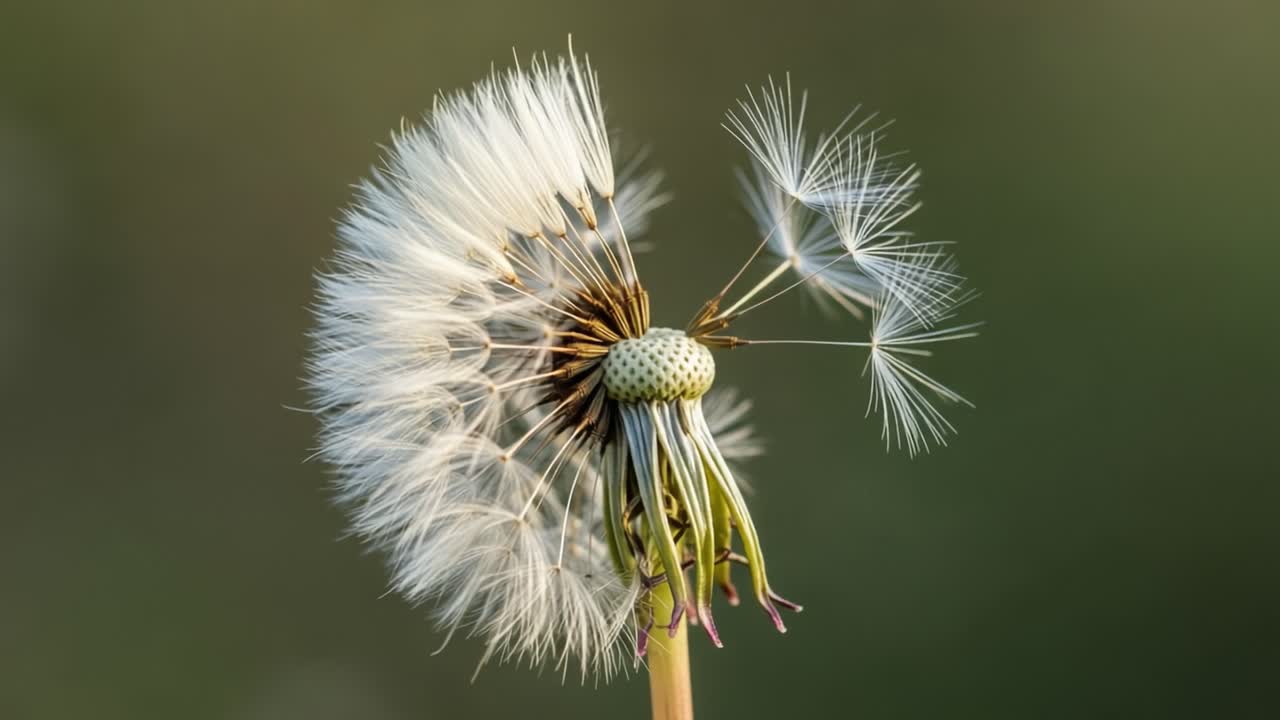 Captivating Close-Up of a Dandelion Seed Head in Transition, Showcasing Nature's Intricate Beauty and the Dance of Delicate Seeds in the Breeze