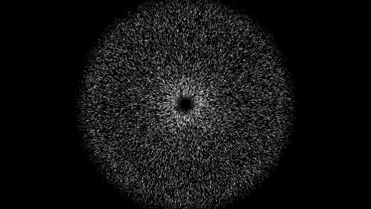 Abstract White Particle Explosion Expanding from Center on Black Background