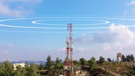 cell tower with aerial view and signal range