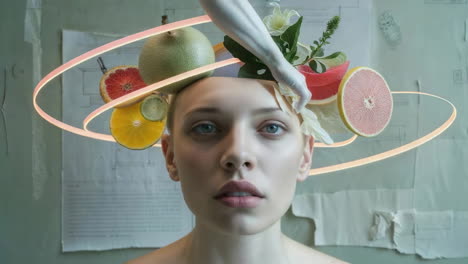 surreal portrait of a woman with floating fruit and a glowing ring