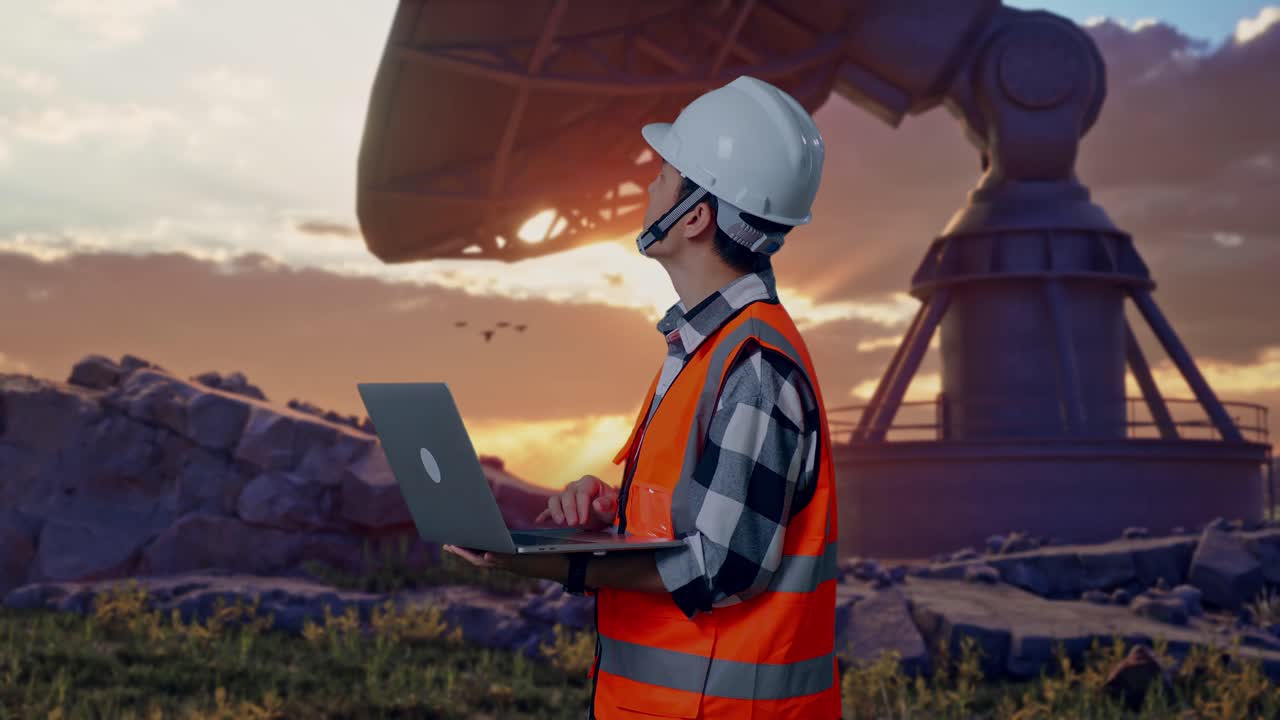 Side View Of Asian Male Engineer With Safety Helmet Working On A Laptop And Looking Around While Standing With Large Satellite Dish