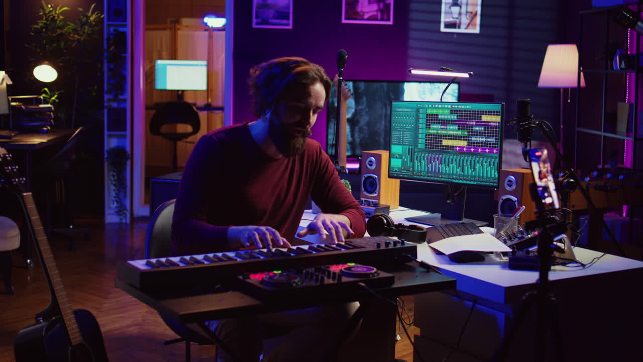 Artist teaching online piano lessons from his home studio