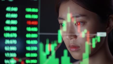 a focused analyst analyzing data trends on a digital screen, capturing market insights through intense observation and strategic thinking