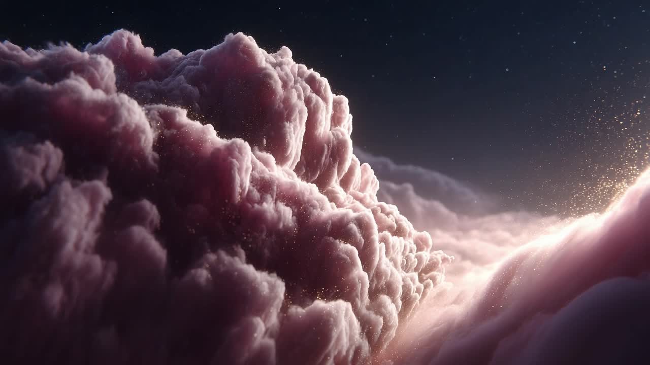 A Dreamy Expanse of Ethereal Pink Clouds Illuminated by a Golden Glow, Capturing the Essence of Celestial Beauty in a Mesmerizing Night Sky
