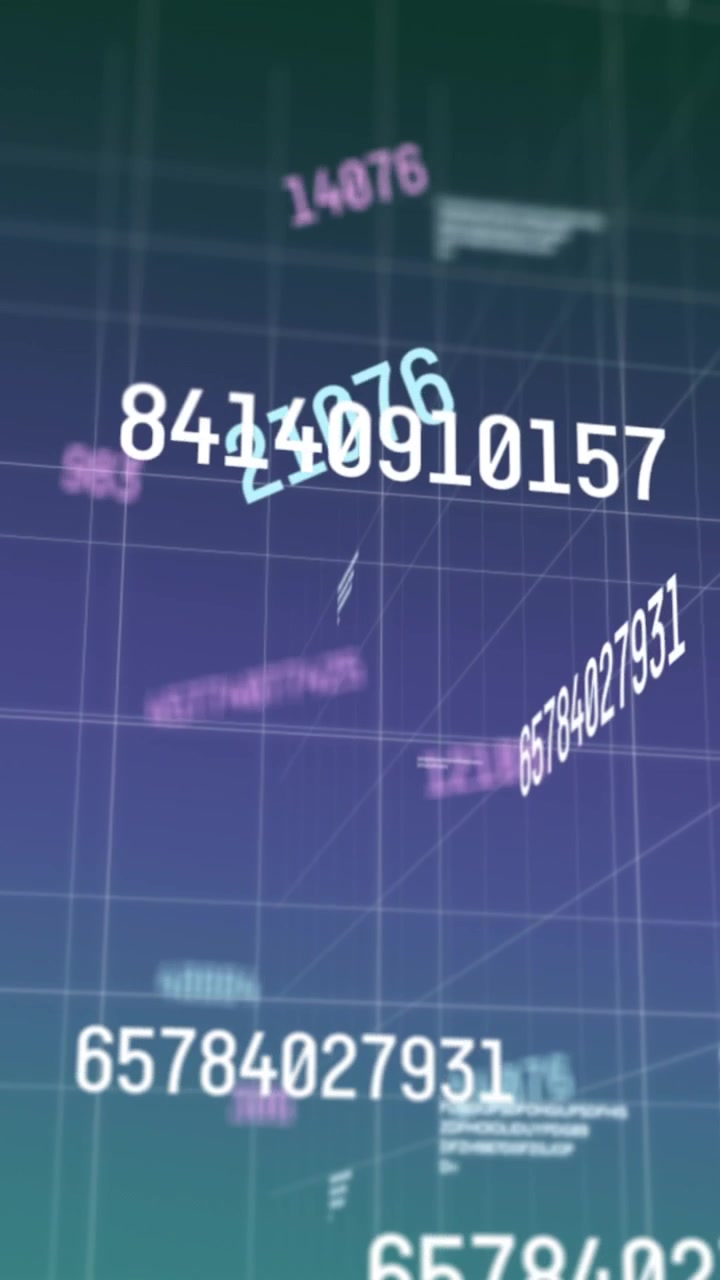 Digital animation of multiple numbers against grid network on purple background