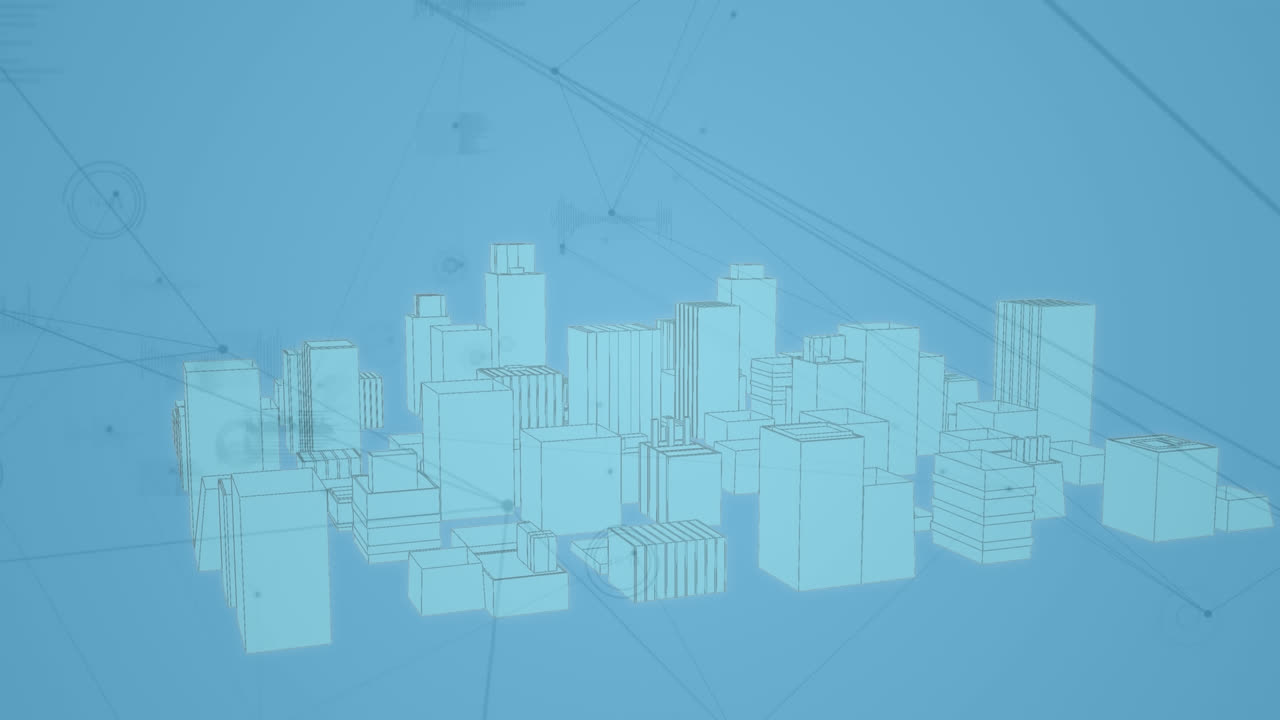 3d 도시 풍경 도면을 통해 연결 네트워크 및 데이터 처리의 애니메이션
