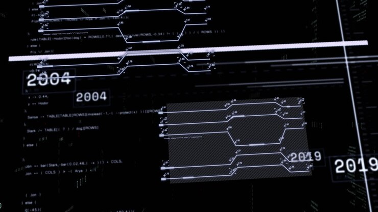 Animation of financial data processing over grid on black backgorund