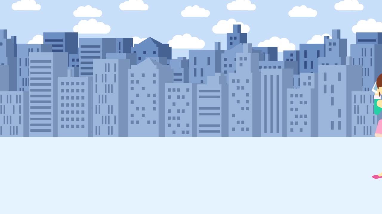 Donna d'affari che cade nel buco. Sfondo di edifici. Concetto di rischio. Illustrazione in loop in stile piatto.