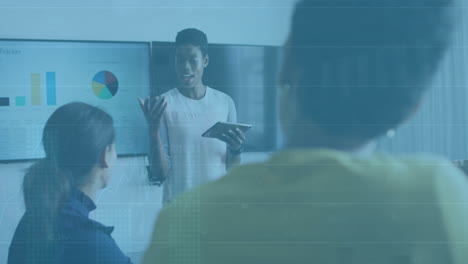 animation of data processing over diverse business people in office