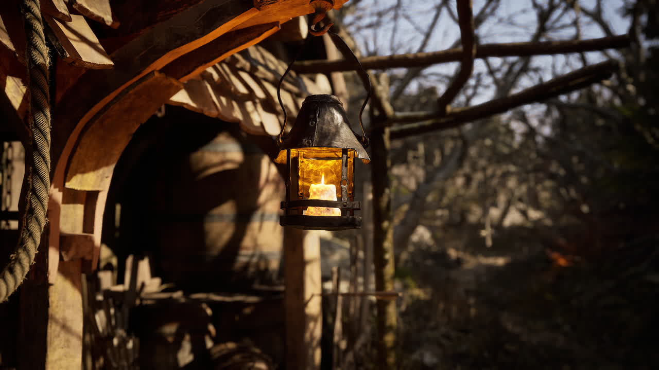 Una lanterna illumina una baita rustica in un sereno paesaggio boschivo.