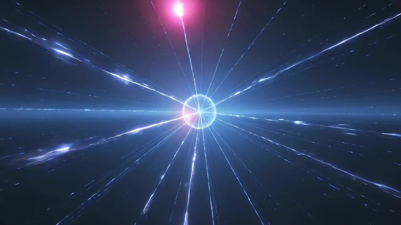 Sfera di energia pulsante blu-bianca che emette raggi nello spazio, mentre un bagliore magenta si avvicina e poi si allontana