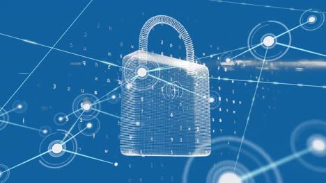 animation of network of connections over padlock icon and data processing on blue background
