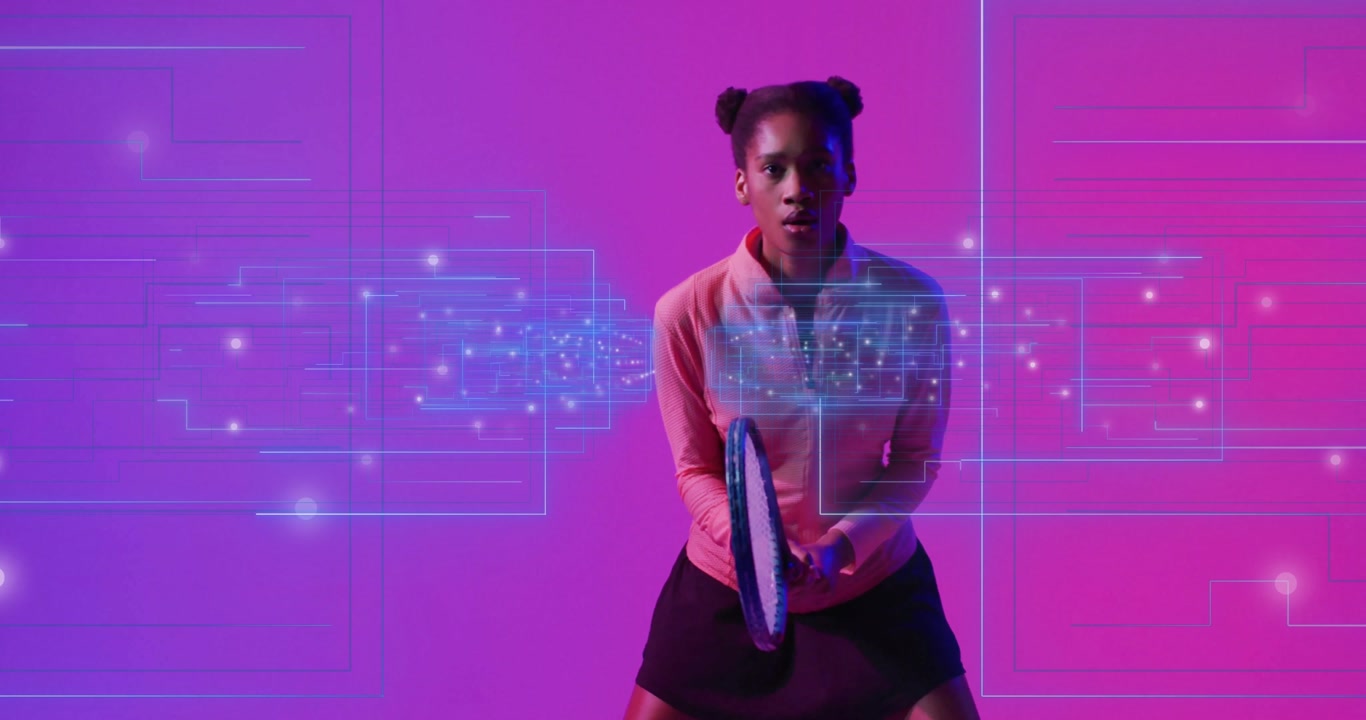 female tennis player holding racket in studio, showcasing technology-themed circuit graphics