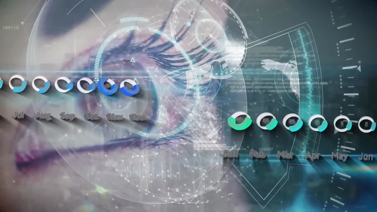 animación de la interfaz con el procesamiento de datos estadísticos sobre un primer plano del ojo femenino