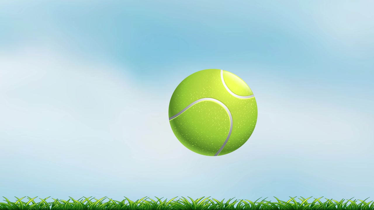 A bright green tennis ball bounces across a grassy field against a cloudy sky background.