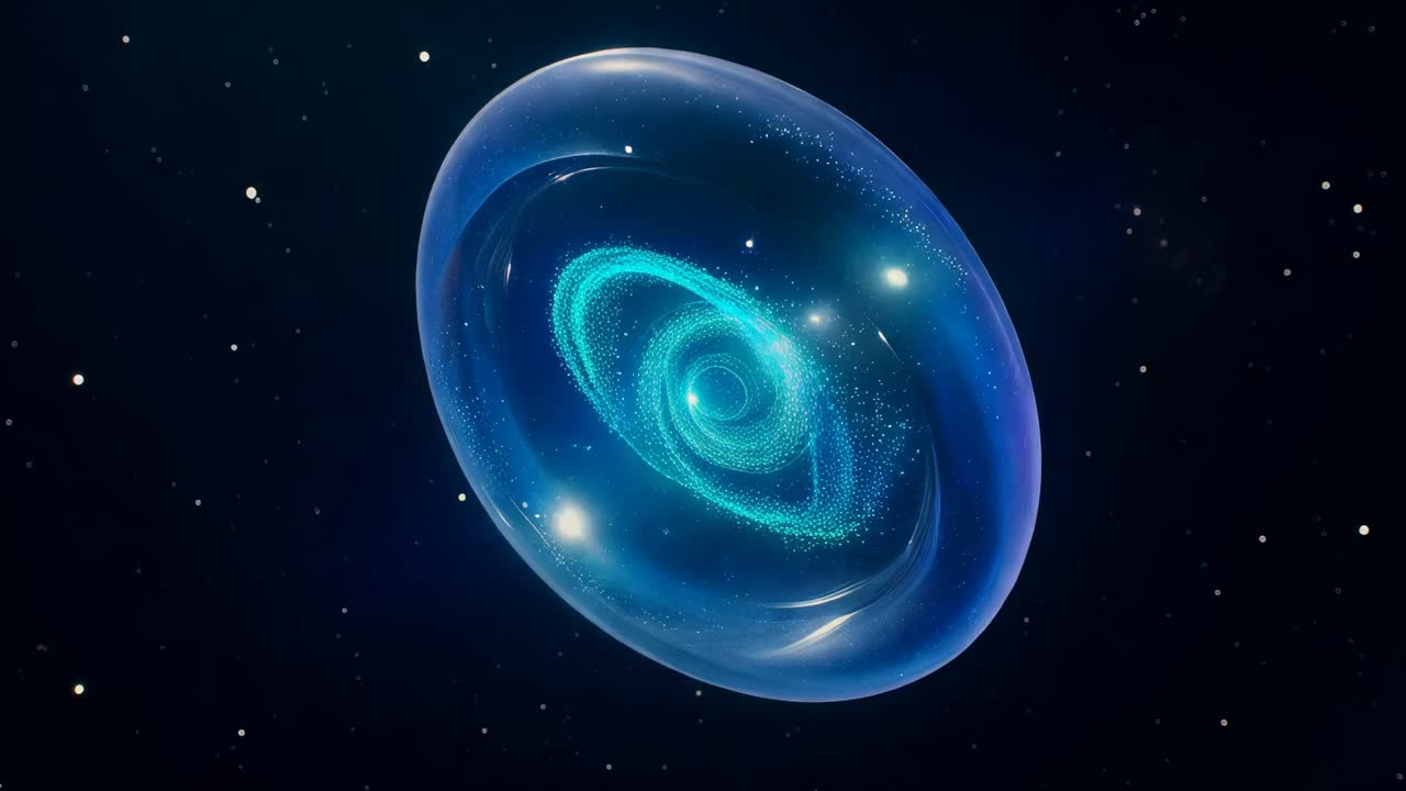 Drifting blue-violet disc rotating and closing in space while camera zooming, revealing spiral core