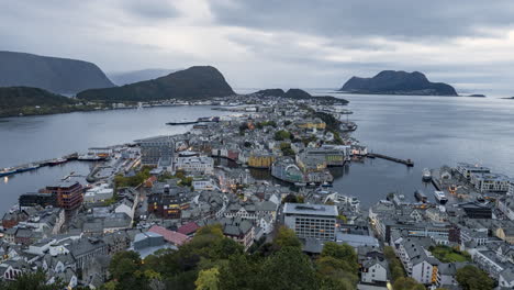 alesund town and seascape from aksla viewpoint in alesund, norway