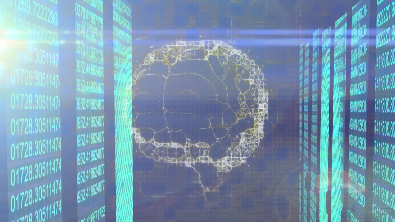 데이터 처리의 애니메이션과 바다 풍경 위의 두뇌