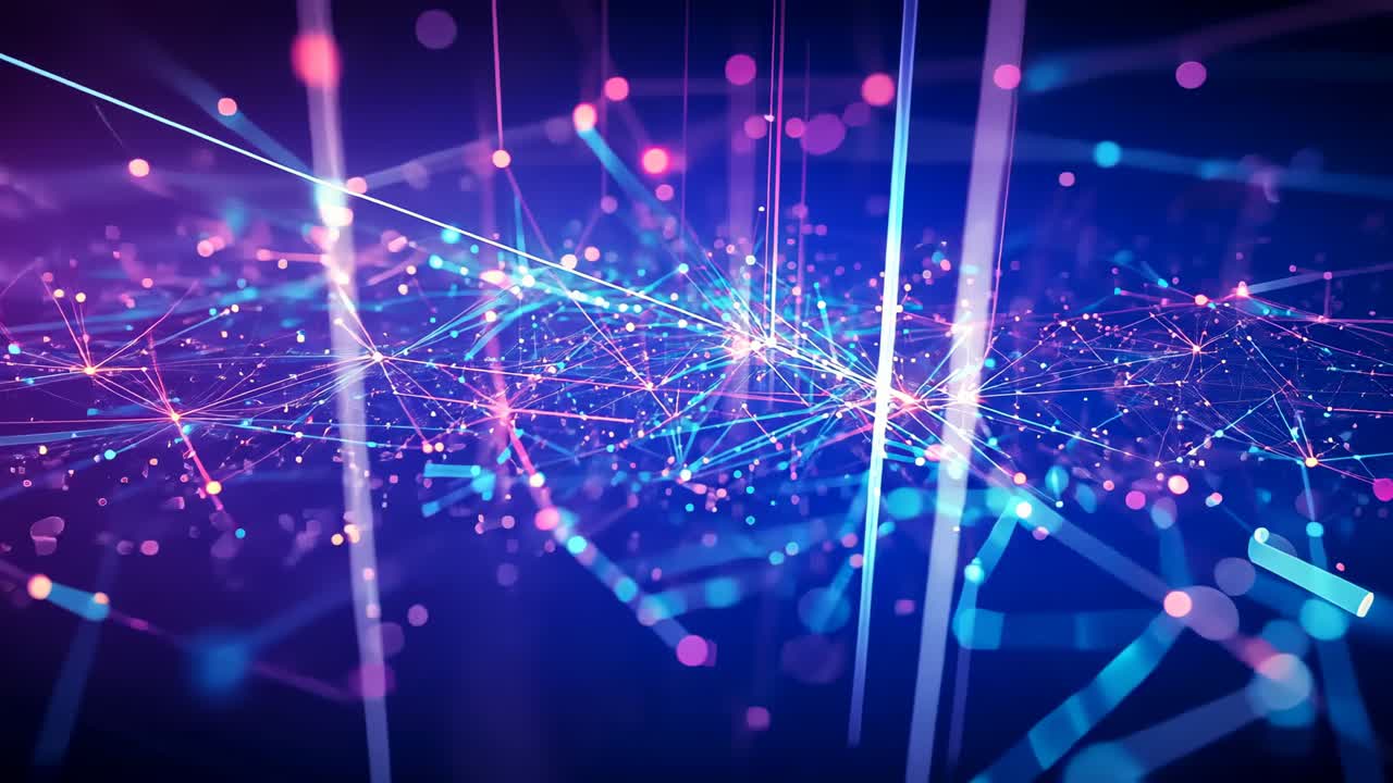 Starting network evolving in neon grid with nodes, connecting lines, beams and particles glowing