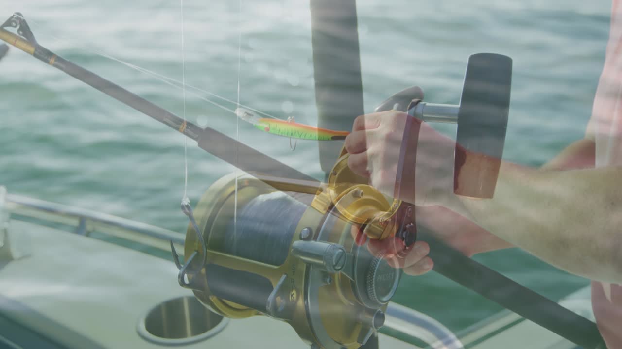 떠다니는 보트 위에서  ⁇ 시하는 백인 남자의 애니메이션