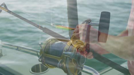 animación de un hombre caucásico pescando sobre un barco flotante